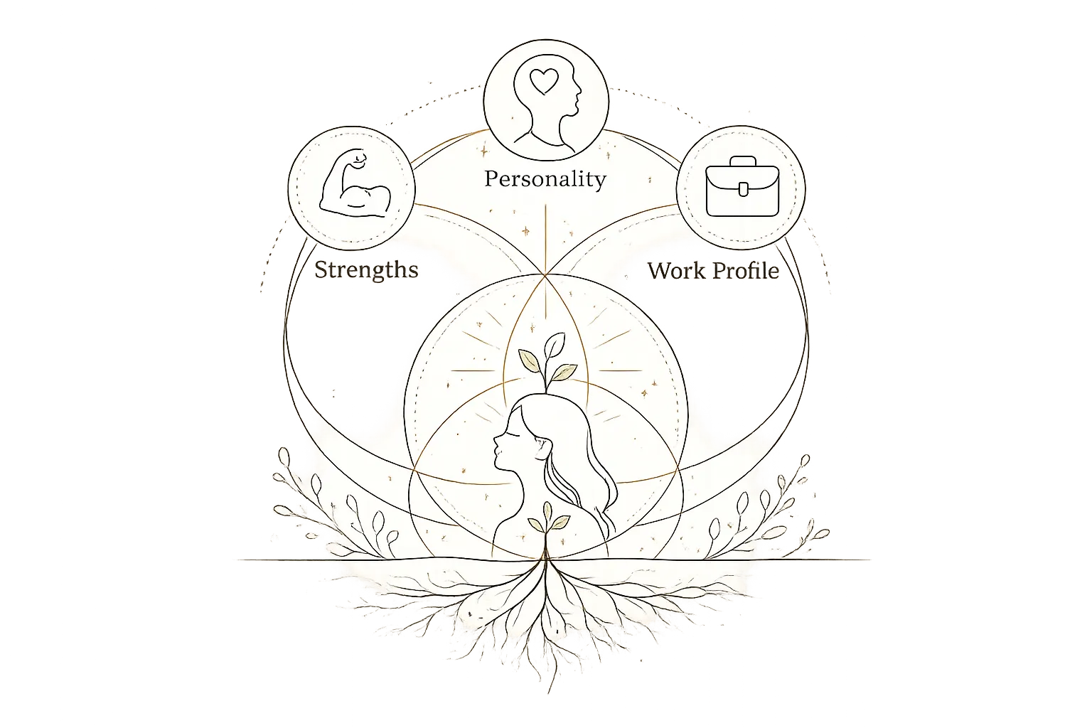 Three overlapping circles — Strengths, Personality and Work Profile — converging on a figure rooted like a plant.