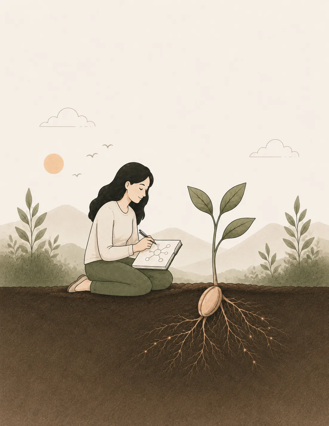 A person journalling beside a young seedling with its first roots taking hold.
