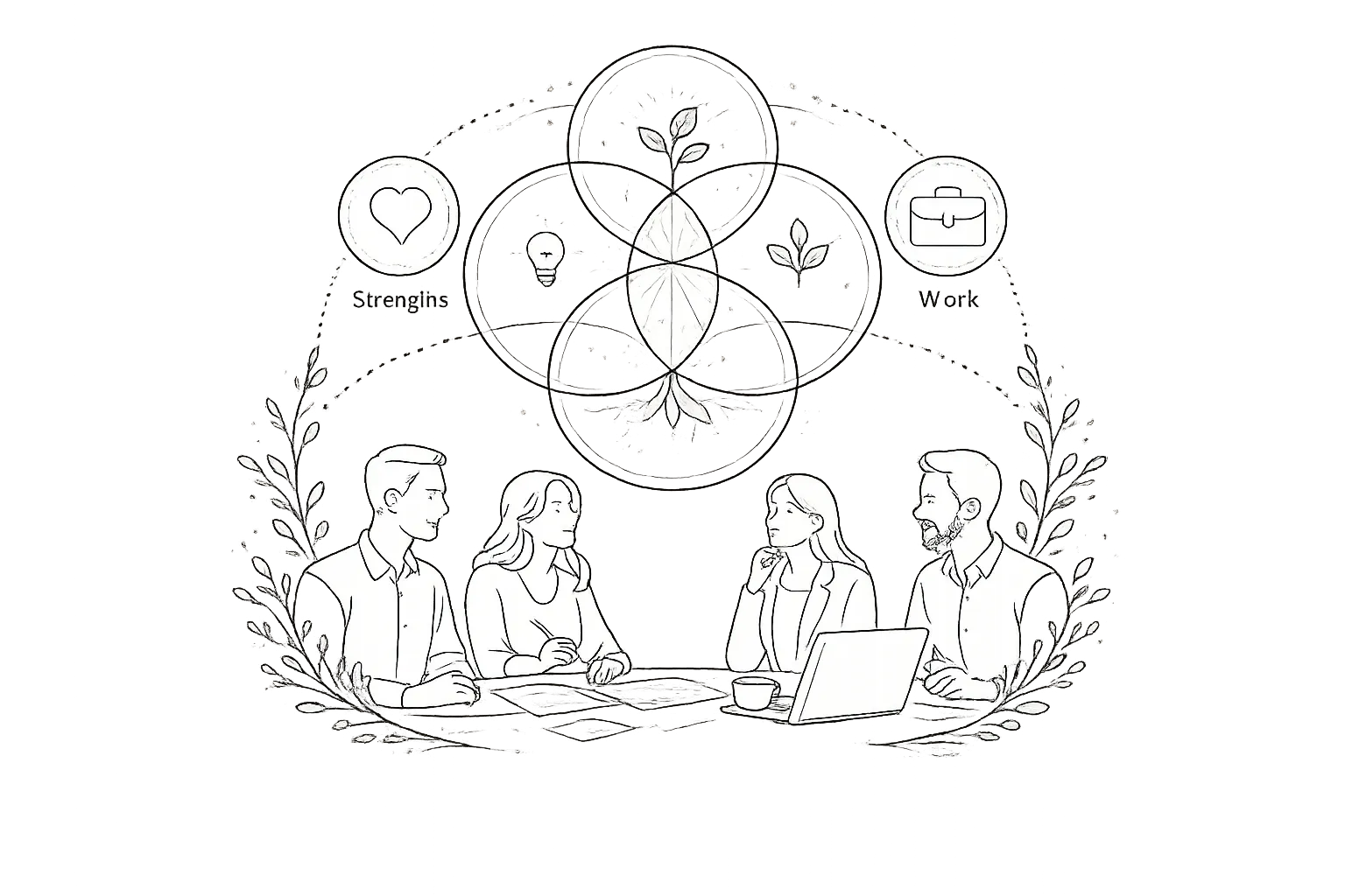 Four colleagues in conversation around a table, beneath overlapping circles linking strengths and work.