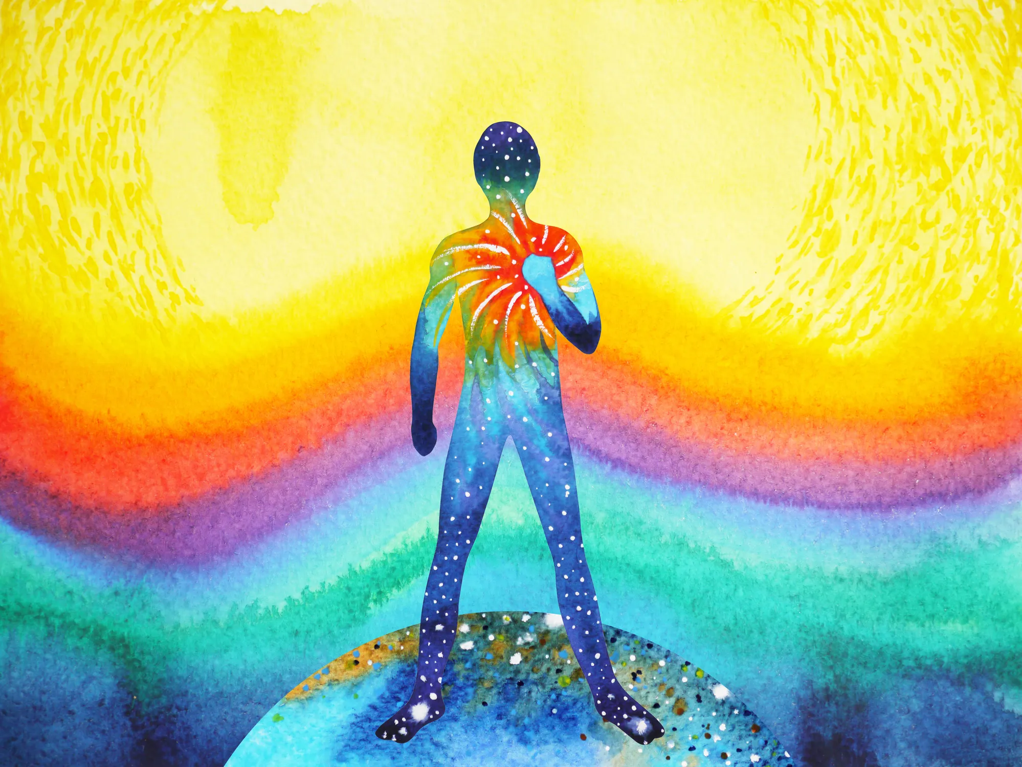 A figure made of inner night sky and spectrum colour, hand on heart, standing on the earth beneath a rising sun.