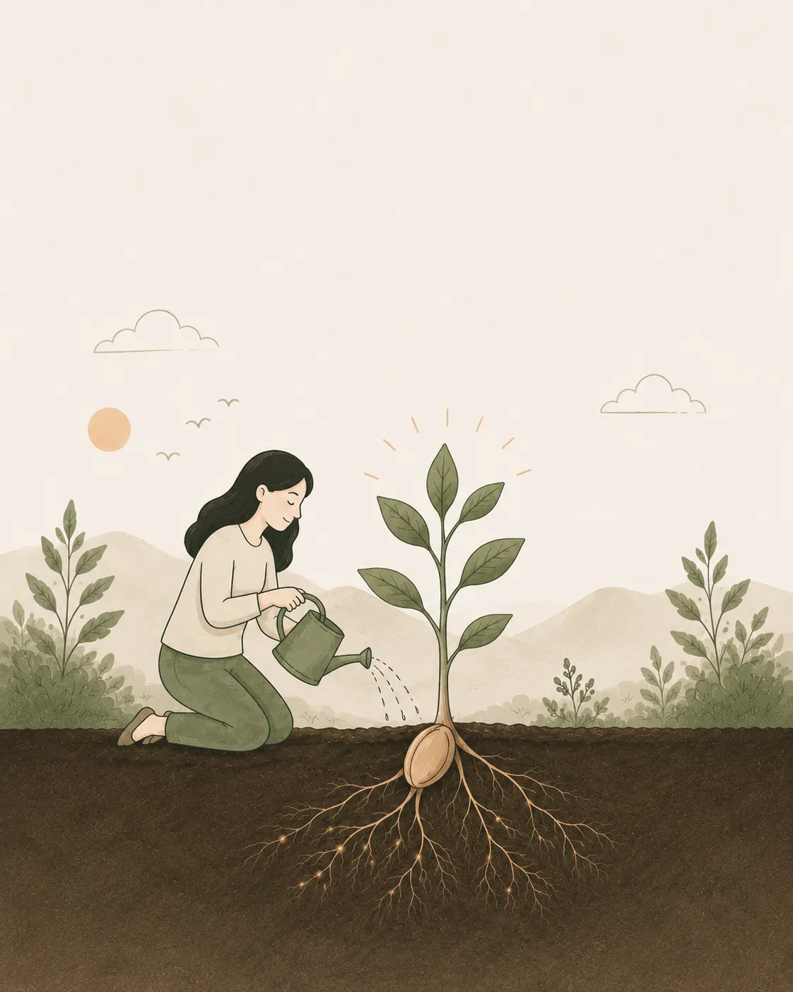A person watering a young leafy sapling.