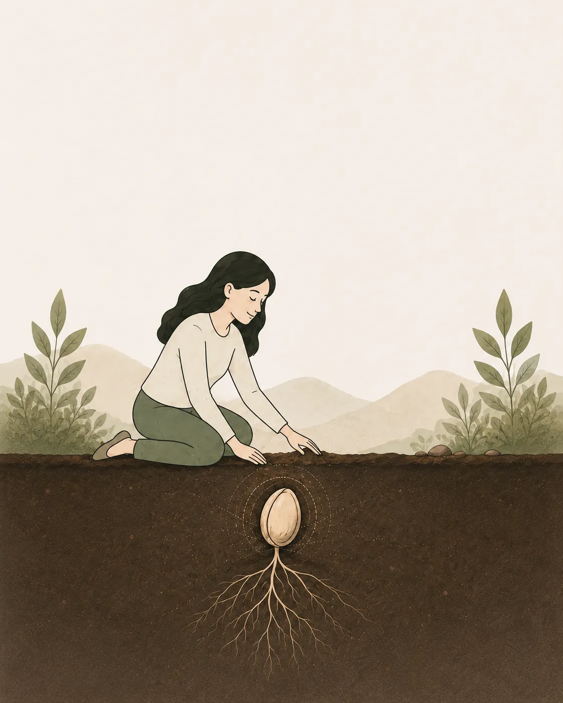 A person kneeling by a seed resting beneath the soil, its roots just beginning to form.