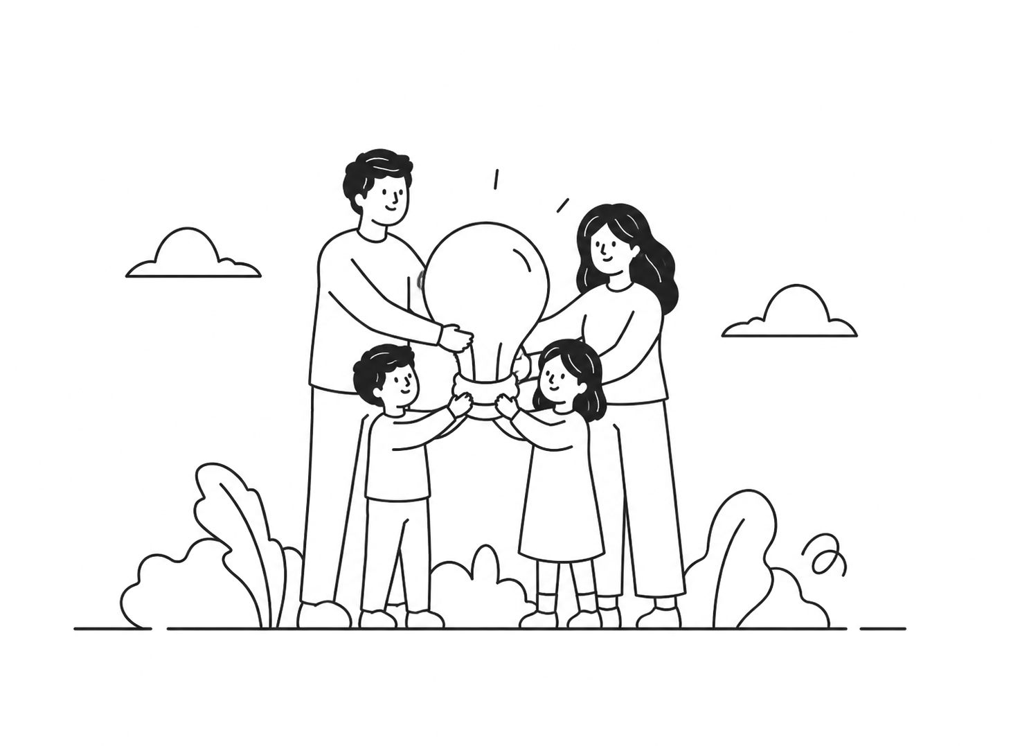 Two parents and two children standing together outdoors, holding a shared lightbulb between them.