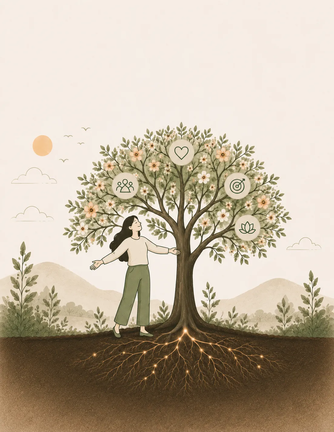 A person embracing a mature, flowering tree in full bloom.