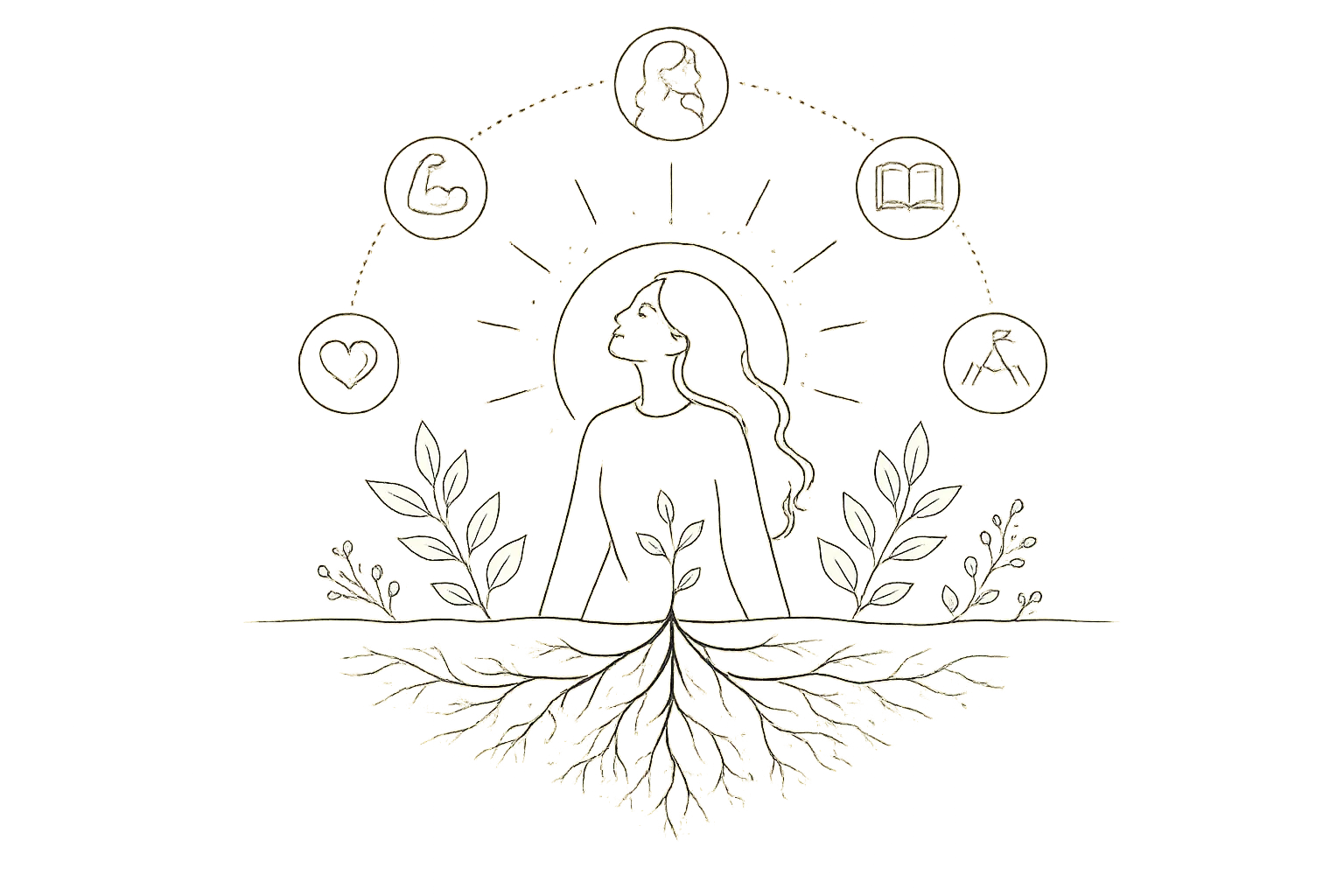 A person rooted like a plant, growing upward toward the light, surrounded by circles for values, strength, self-awareness, learning and purpose.