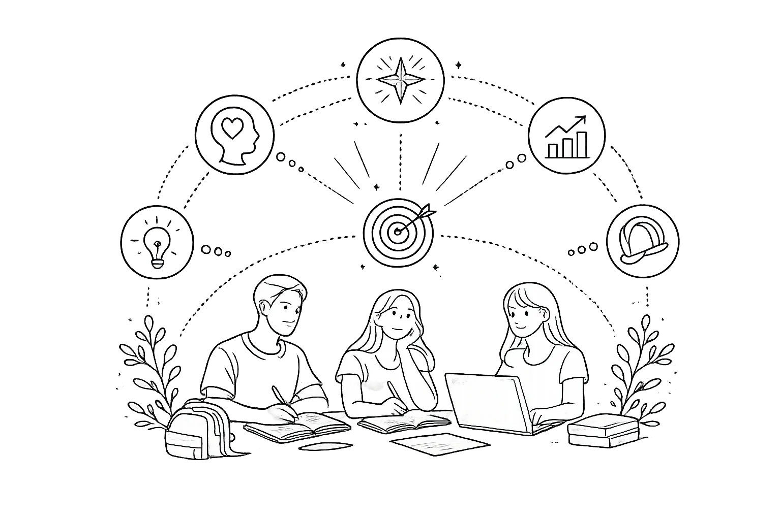 Three students studying together with books and a laptop, beneath icons of curiosity, direction and growth.
