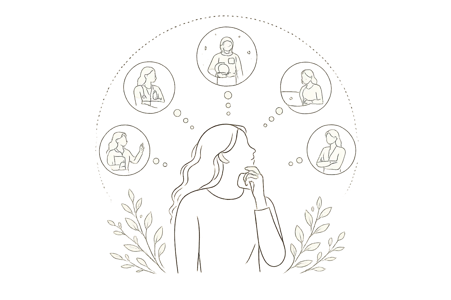 A person in thought, surrounded by circles showing the different roles and careers pulling at their attention.
