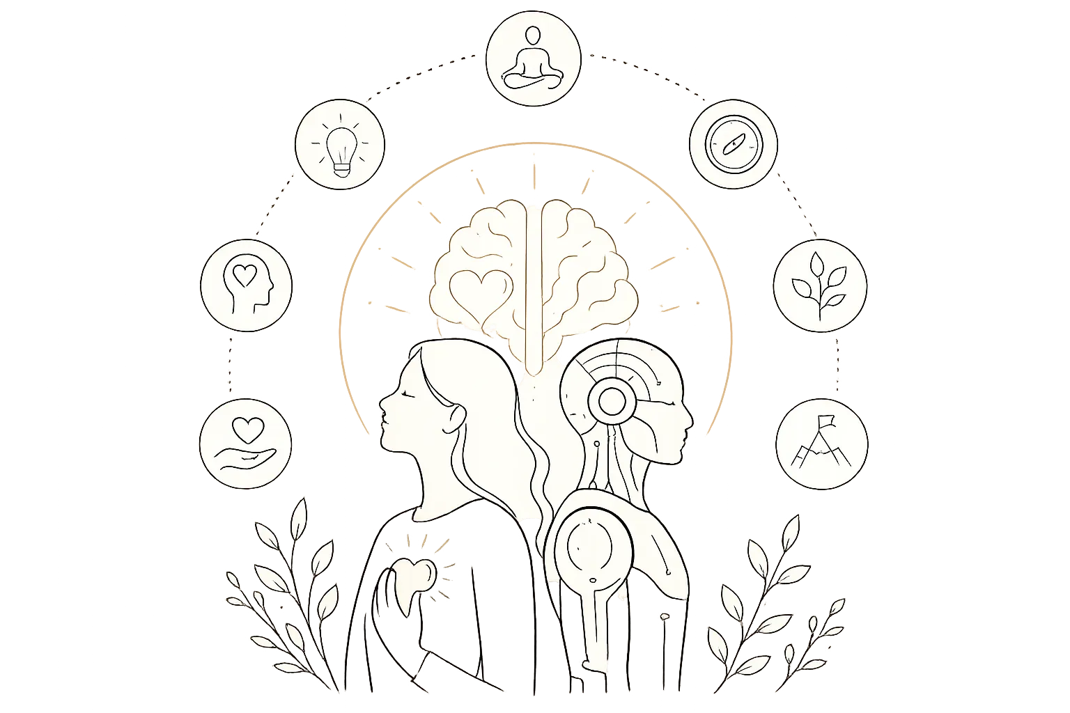 A human figure and an AI figure standing back to back beneath a shared brain, surrounded by circles for self-awareness, wisdom, empathy, creativity, adaptability and resilience.